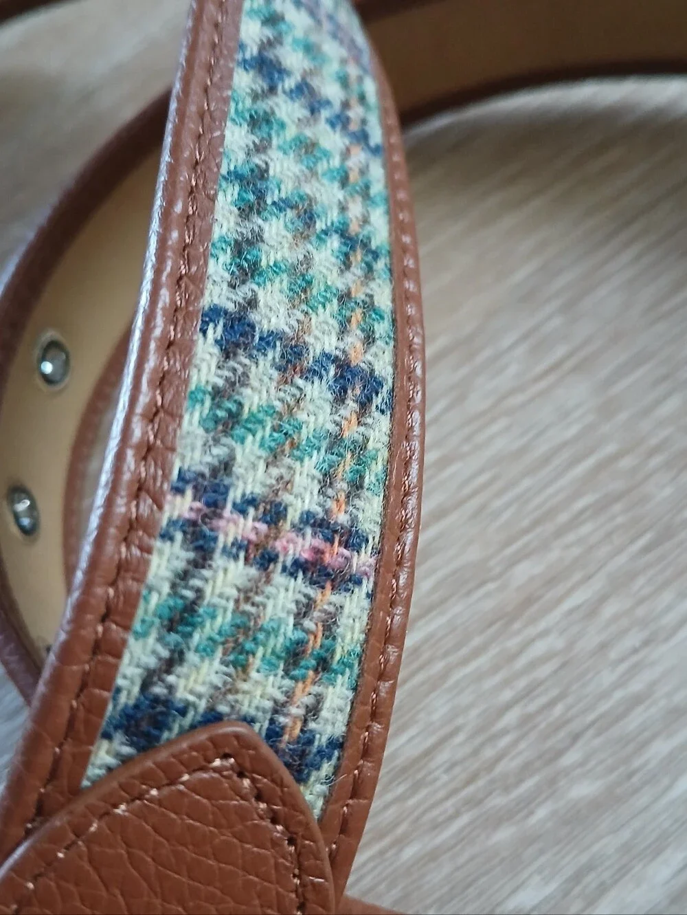 Talbots Belt Hybrid Fabric And Leather Hounds tooth Plaid Gold Tone Hardware XL